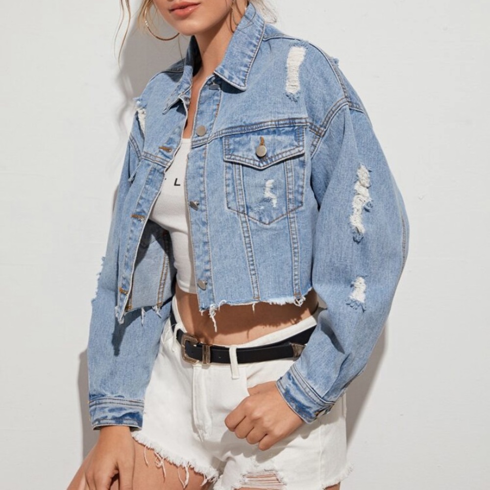 Ripped denim oversized cropped jacket